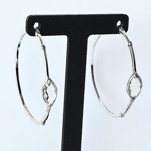 VTG DBJ 925 Sterling Silver Hoop Earrings w Inlaid Marquise Clear Quartz, Marked